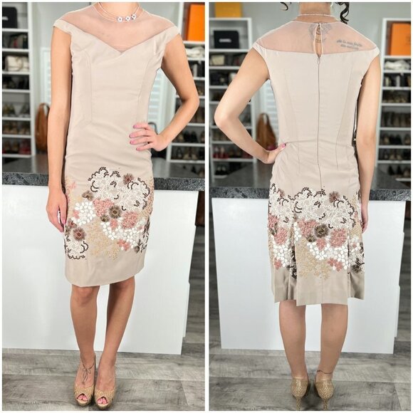 Gustavo Cadile Beige Embroidered Sheath Dress $995 - Picture 1 of 10